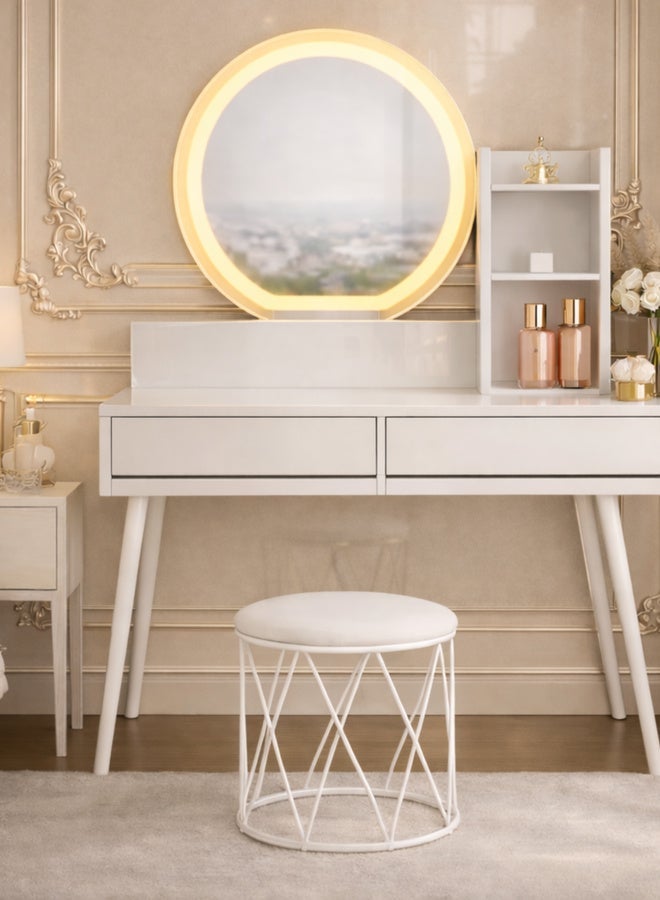 Harmony Homes Modern White Vanity Table with LED Round Mirror & Stool – 2 Drawer Dressing Table Set with Storage Shelf for Bedroom - Image 1